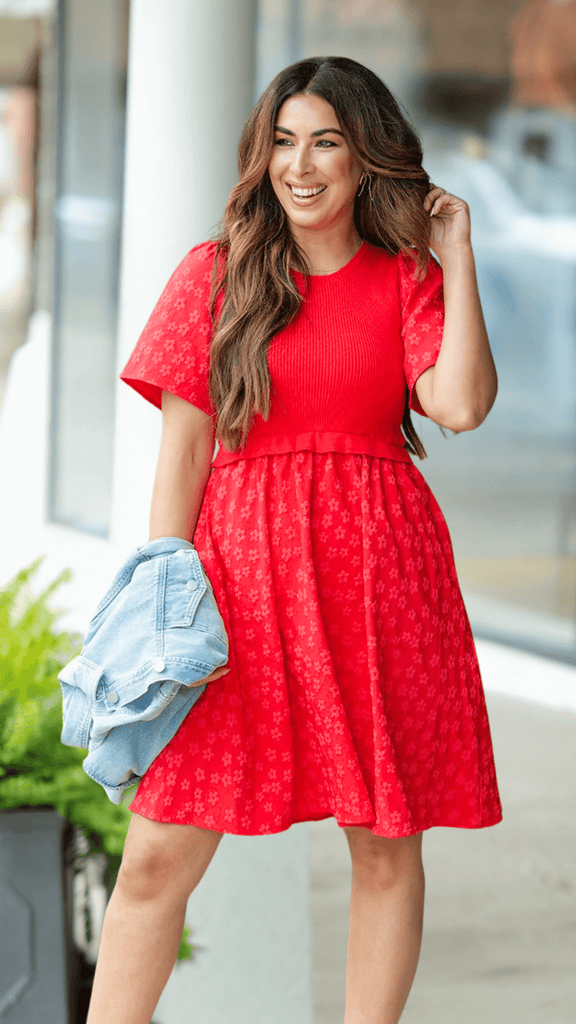 Subtle Daisies Faux Layered Dress Red / L