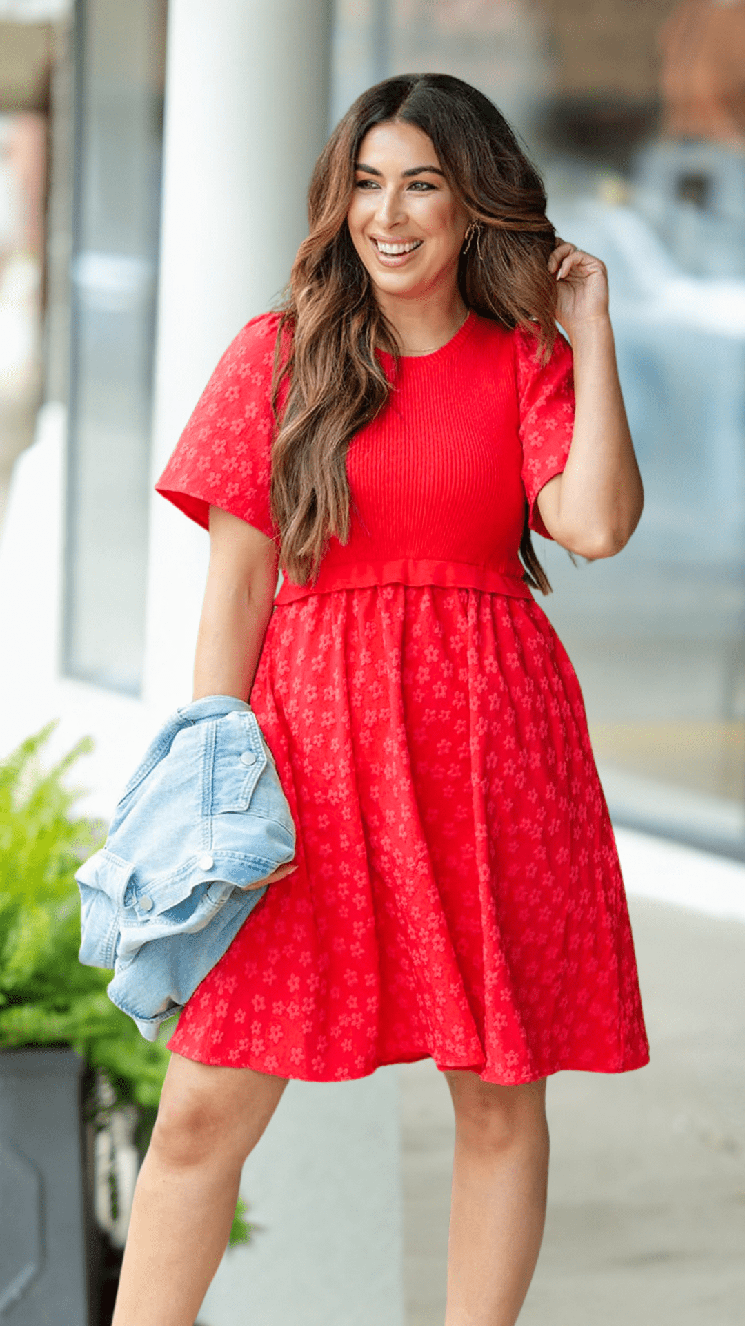 Subtle Daisies Faux Layered Dress Red / L