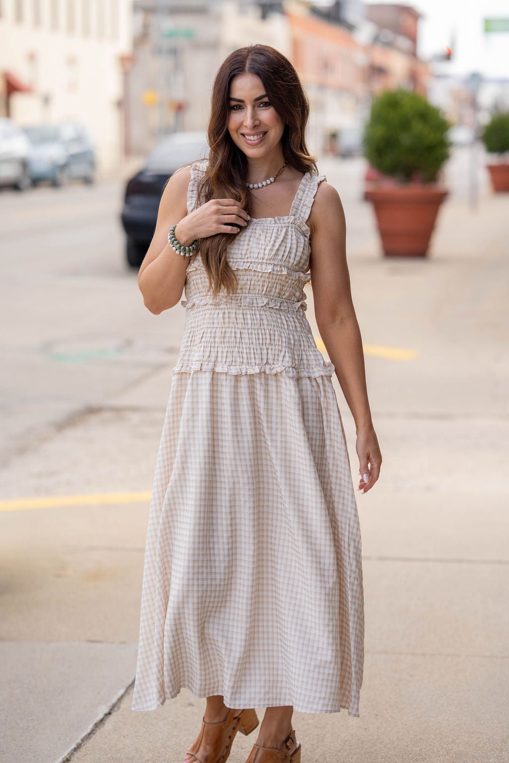 beige gingham midi dress Sweet Simplicity Gingham Midi Beige / S