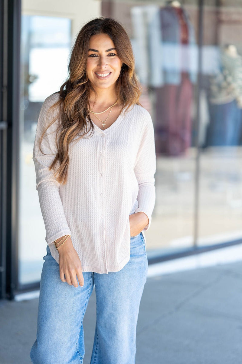 Thermal Button Accented Tee - Betsey's Boutique Shop - Shirts & Tops