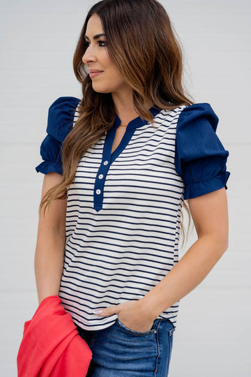 Striped Solid Puff Sleeve Tee