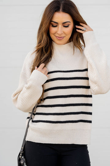 Striped Bottom Mock Neck Sweater