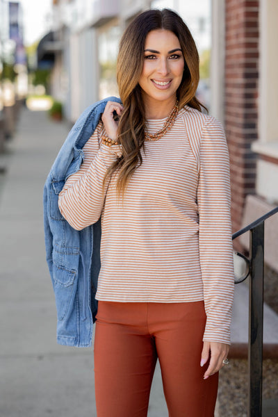 Mixed Thin Stripes Gathered Shoulder Tee