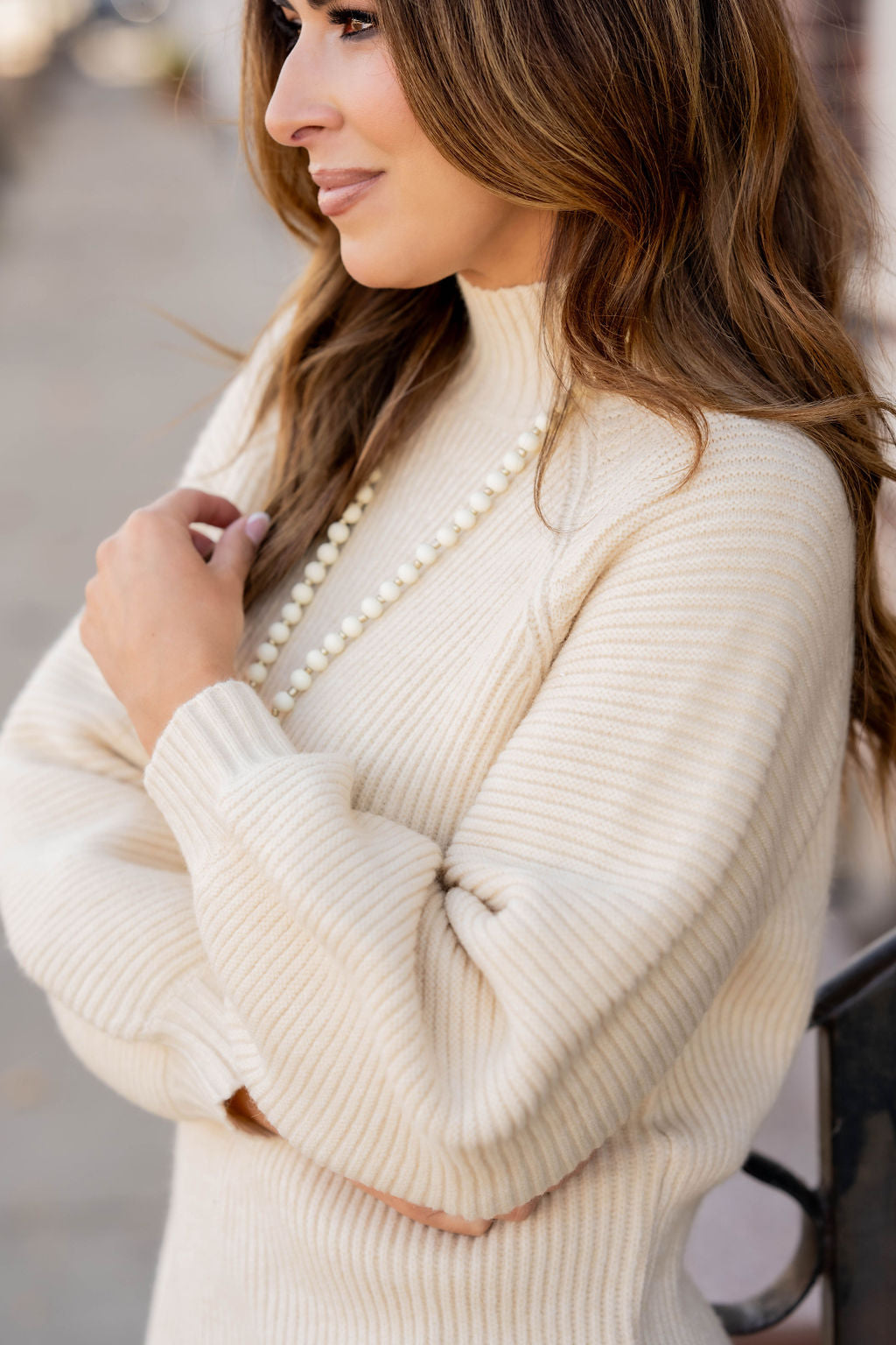 Ribbed Trim Turtleneck Sweater Dress Cream / XS Ribbed Trim Turtleneck Sweater Dress Cream / XS