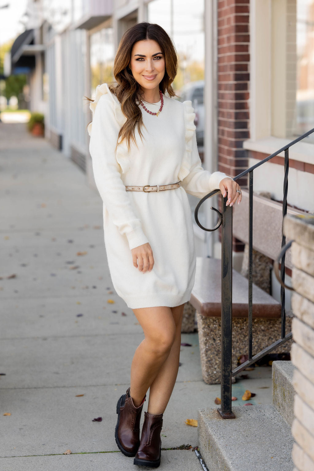 Ribbed Ruffle Accented Sweater Dress Cream / L Ribbed Ruffle Accented Sweater Dress Cream / L