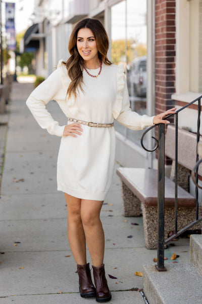 Ribbed Ruffle Accented Sweater Dress Cream / L