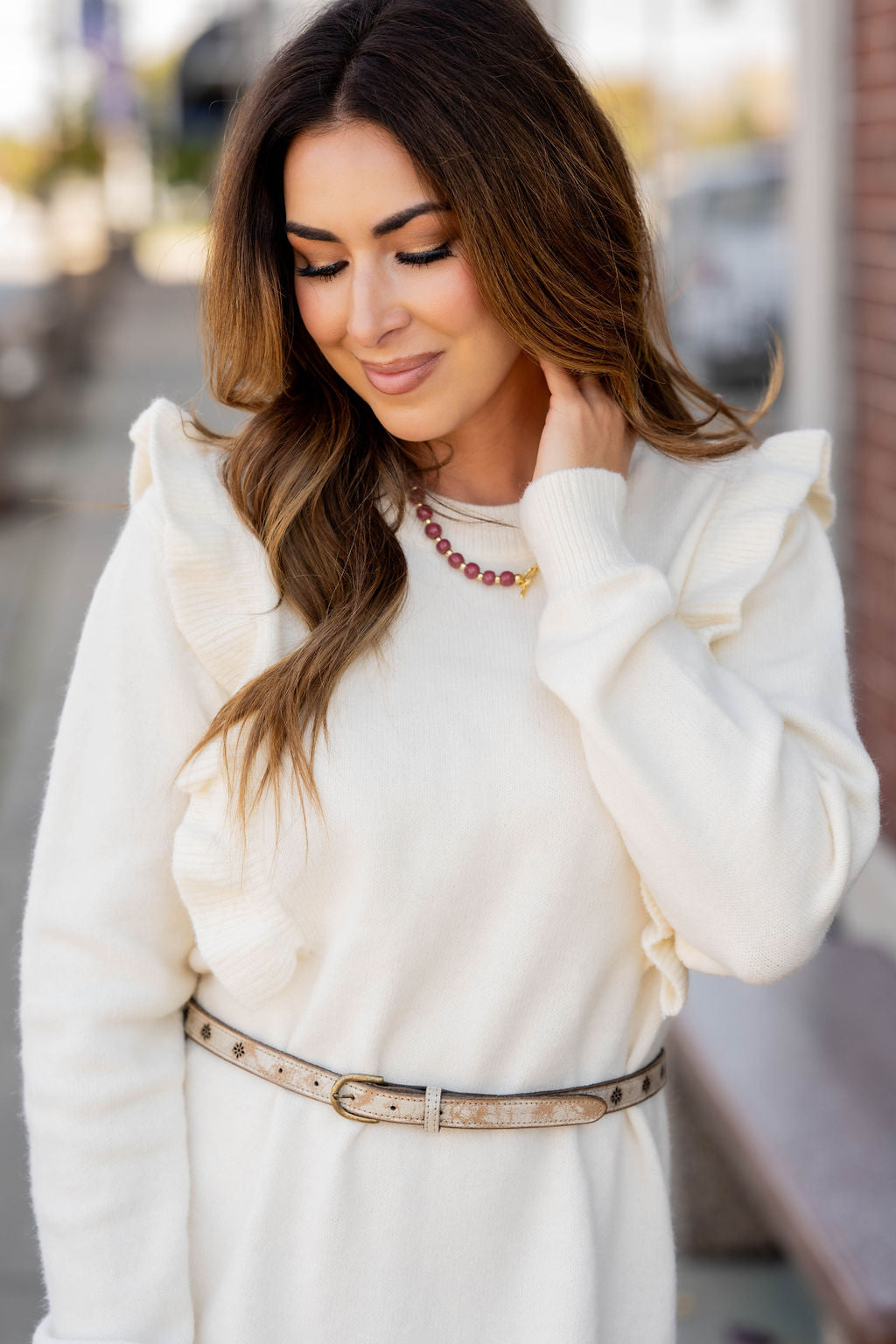 Ribbed Ruffle Accented Sweater Dress Cream / M Ribbed Ruffle Accented Sweater Dress Cream / M