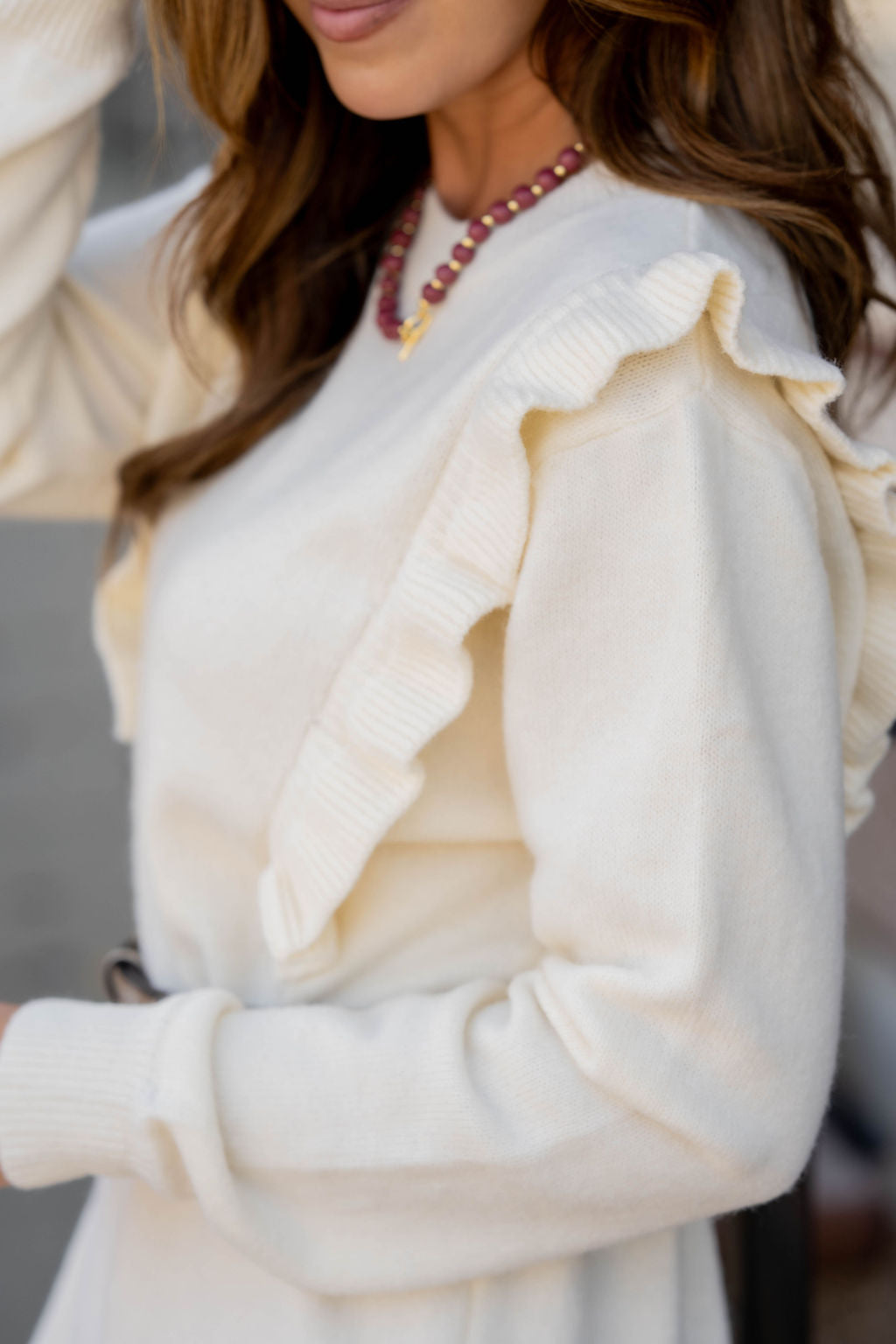 Ribbed Ruffle Accented Sweater Dress Cream / L Ribbed Ruffle Accented Sweater Dress Cream / L