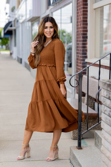 Ruched Top Tiered Midi Dress