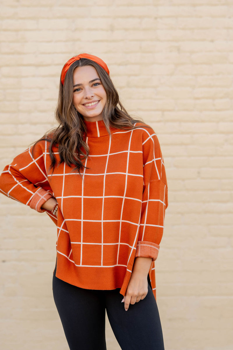 Grid High Low Mock Neck Sweater Tee - Betsey's Boutique Shop