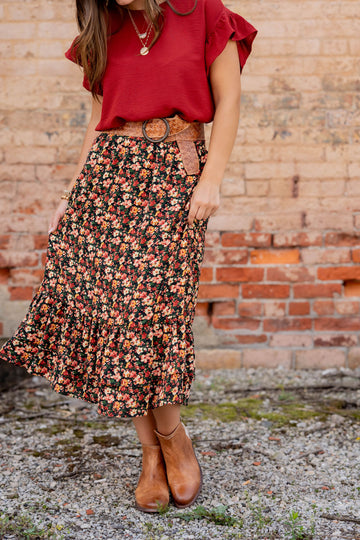 Vintage Floral Ruffle Bottom Midi Skirt