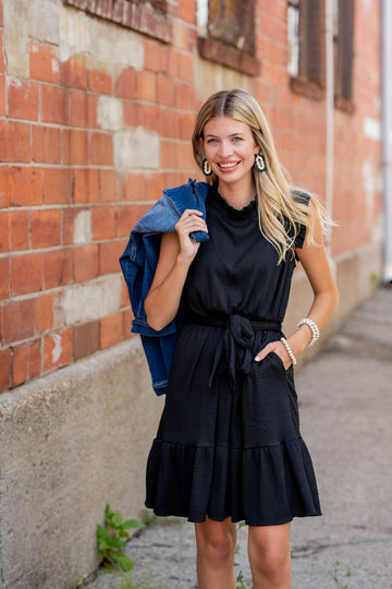 Woven Textured Ruffle Trim Tie Dress