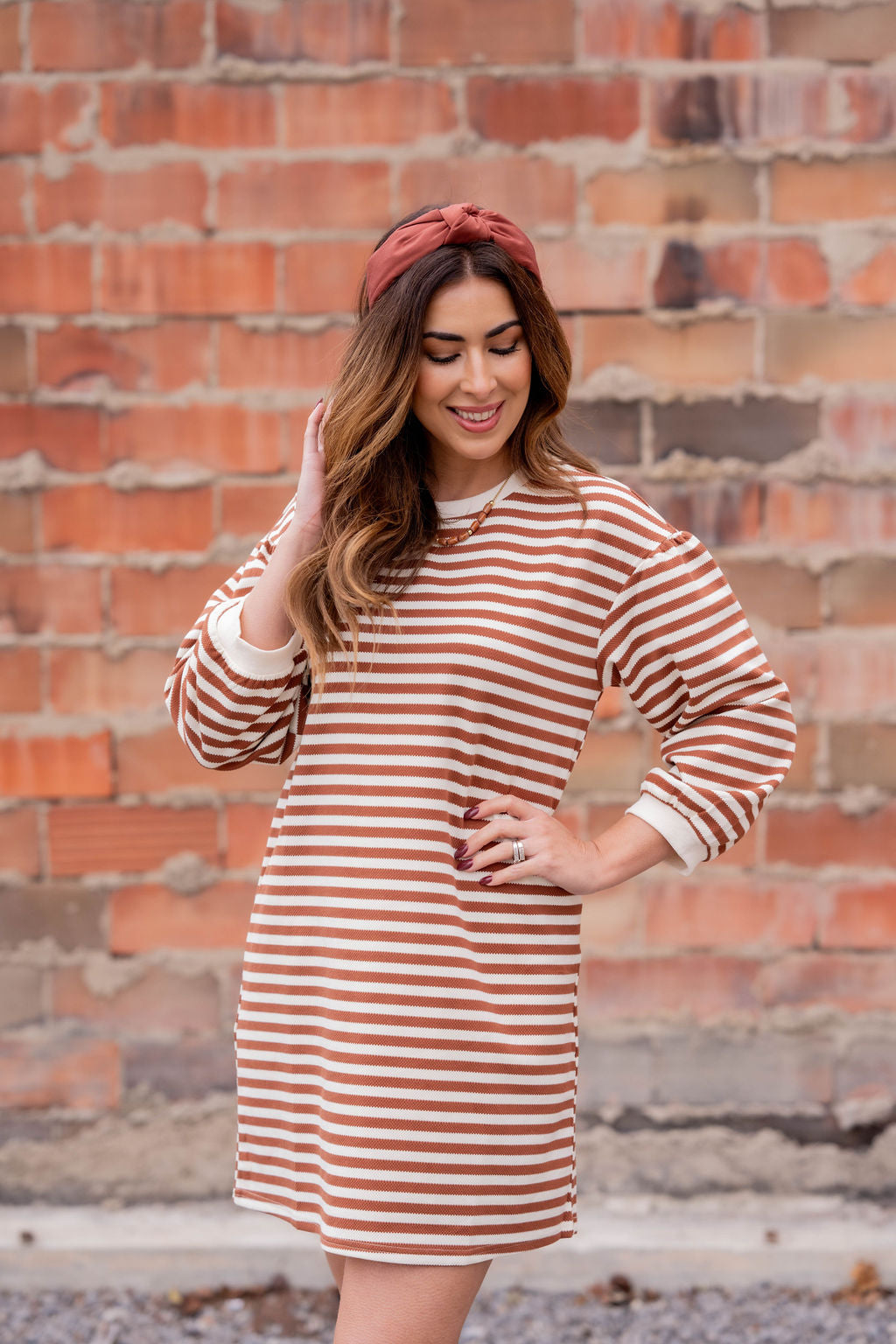Zig Zag Stripes Long Sleeve Dress Rust / L Zig Zag Stripes Long Sleeve Dress Rust / L