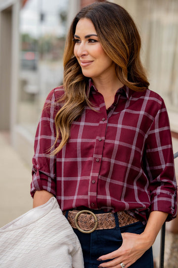 Plaid Tab Sleeve Button Up