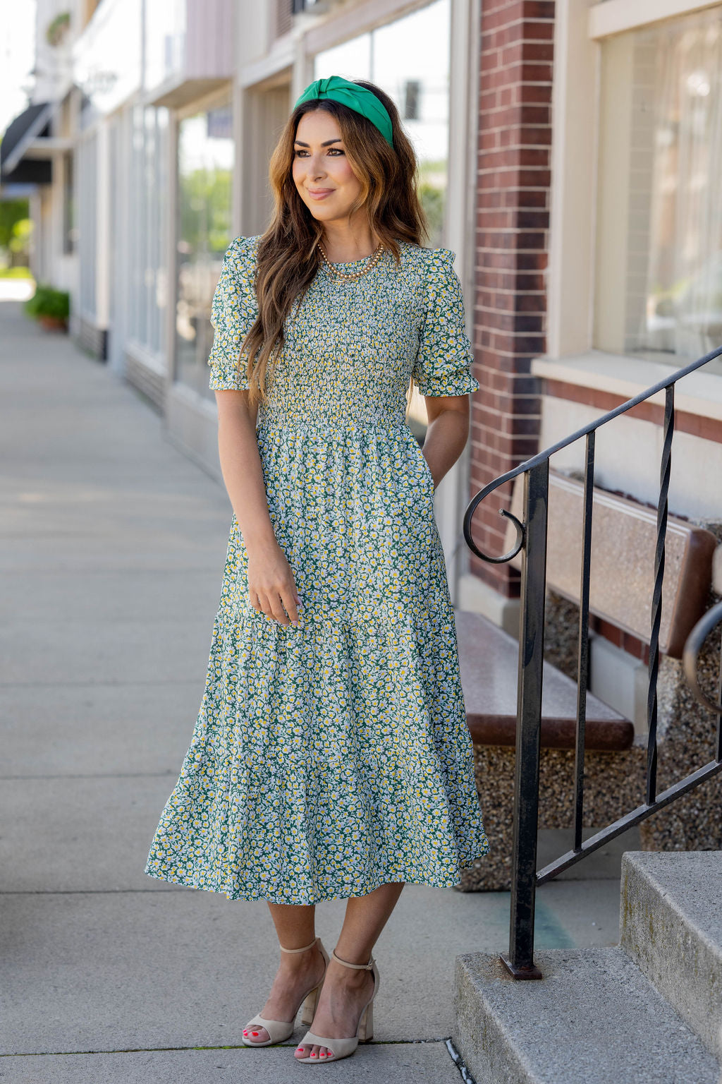 Daisies Ruched Top Midi Dress Green / S Daisies Ruched Top Midi Dress Green / S