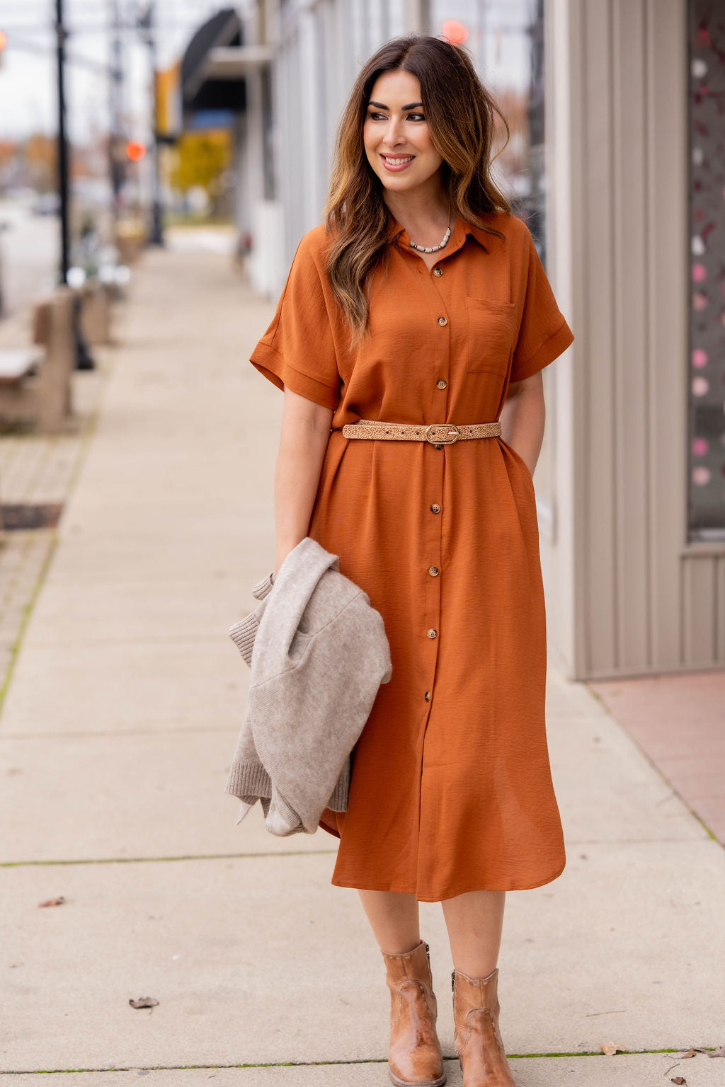 Button Up Short Sleeve Midi Dress Rust / S Button Up Short Sleeve Midi Dress Rust / S
