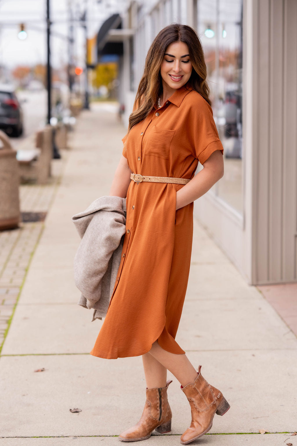 Button Up Short Sleeve Midi Dress Rust / S Button Up Short Sleeve Midi Dress Rust / S