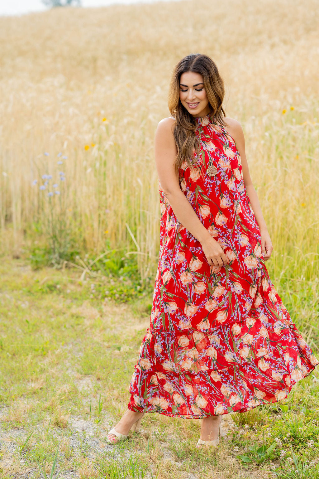 Romantic Floral Halter Maxi Dress Red / S Romantic Floral Halter Maxi Dress Red / S