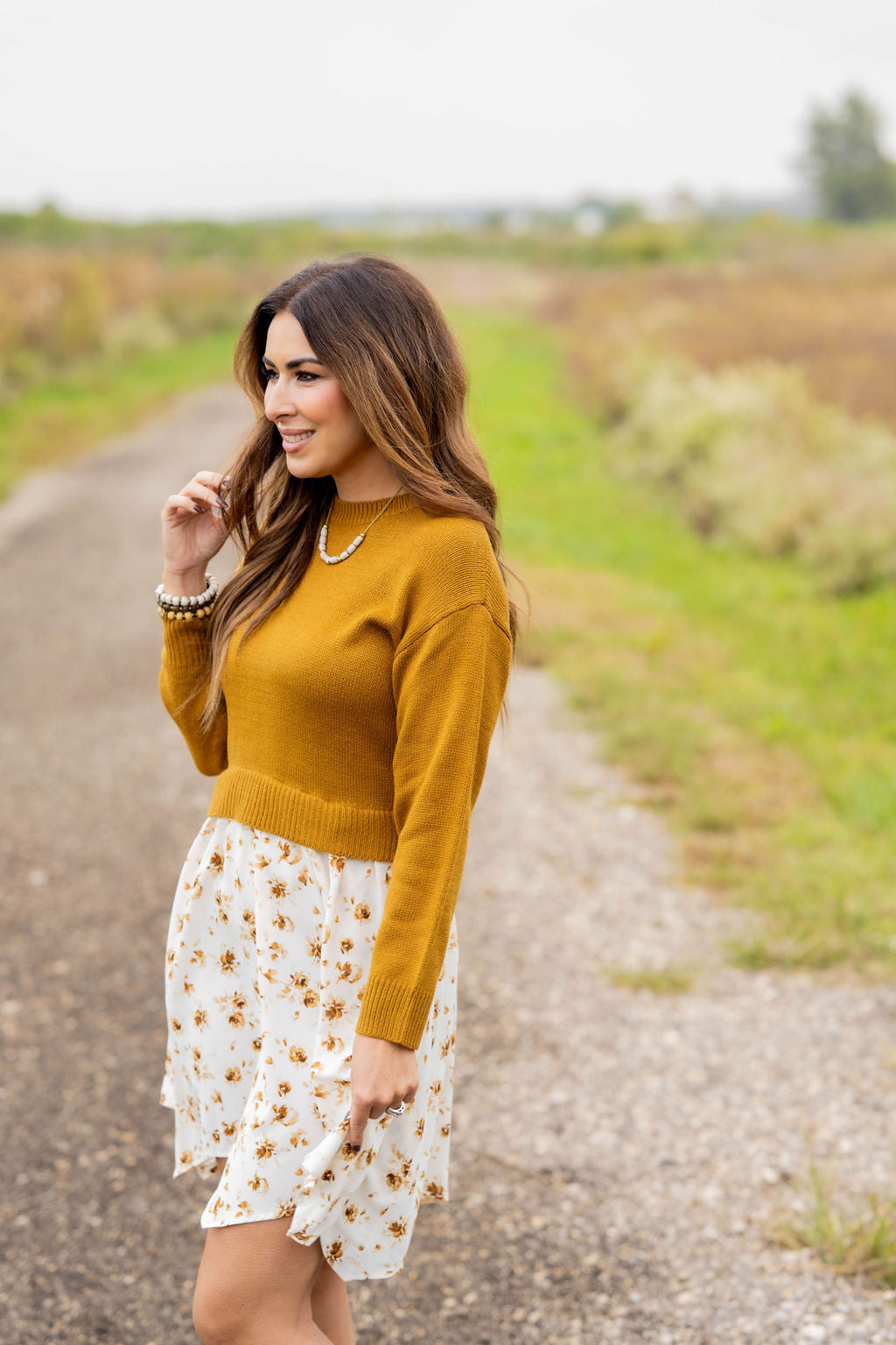 Floral Faux Layered Sweater Dress Mustard / S Floral Faux Layered Sweater Dress Mustard / S