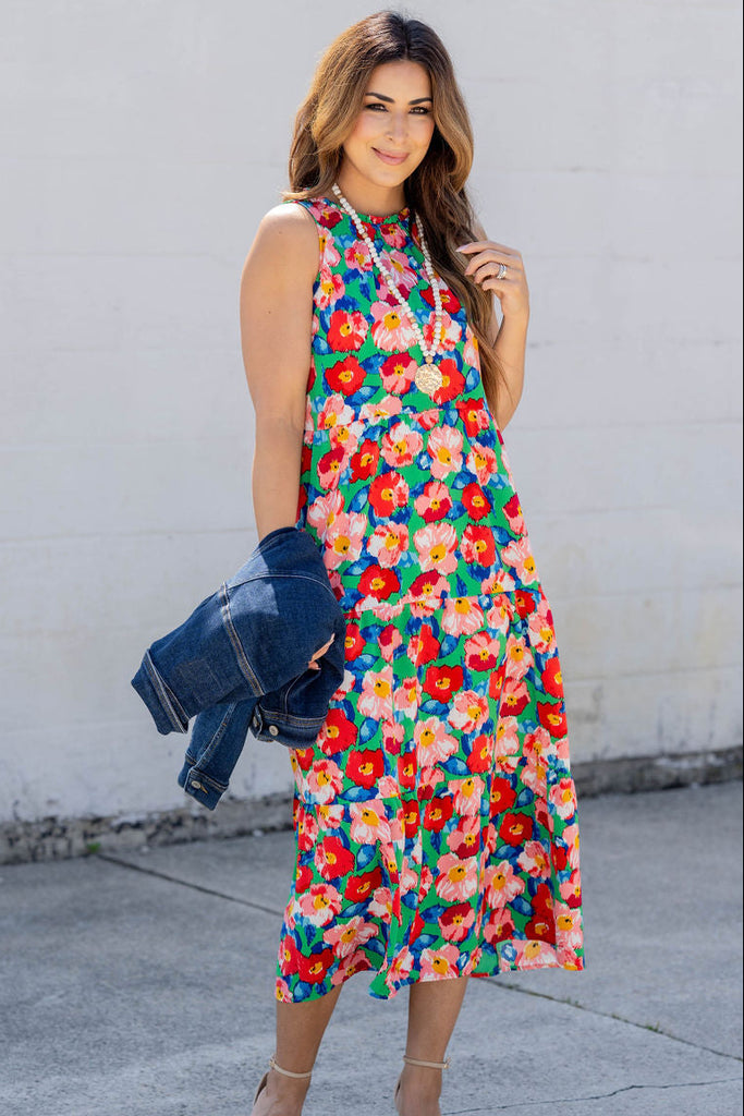 Painted Colorful Floral Tiered Maxi Dress Black / L