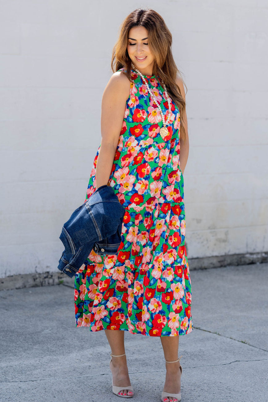 floral fitted maxi dress Painted Colorful Tiered Green / L Web Collection: AUS open Color:Caramel/Silver Indulge in the whimsy Boho High Low Dress
