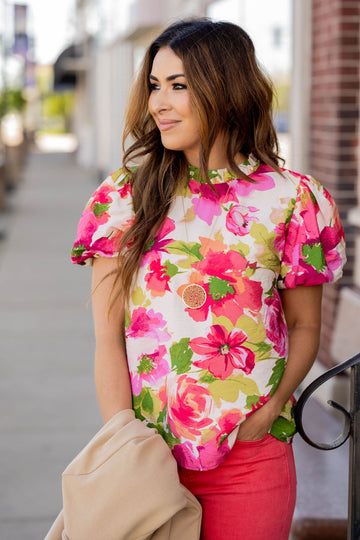 Watercolor Floral Puff Sleeve Blouse