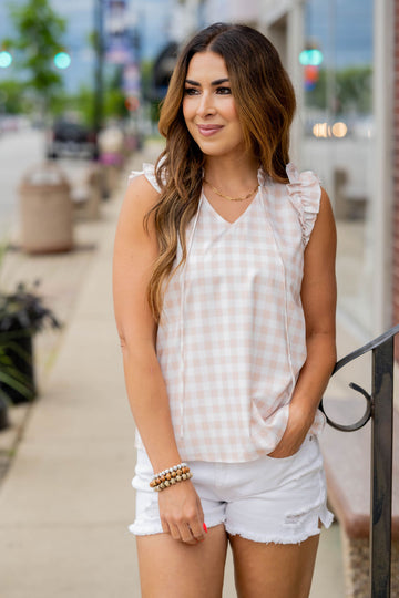 Gingham Ruched Ruffle Trim Tank