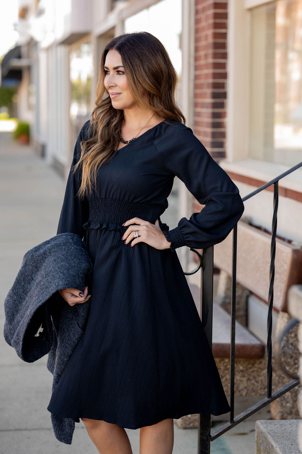 Cinch Accented Long Sleeve Dress Black / S Cinch Accented Long Sleeve Dress Black / S