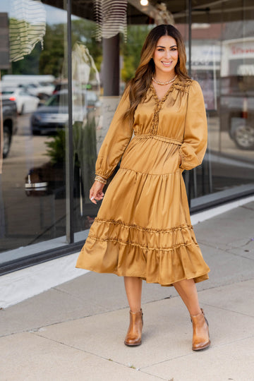 Ruffle Accented Long Sleeve Midi Dress