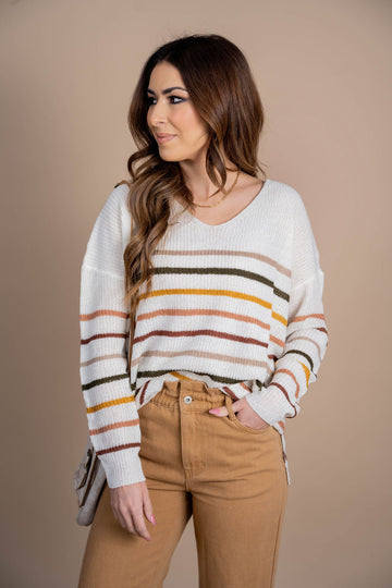 Striped Knit Side Slit Sweater