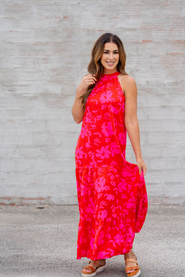 Hibiscus Tiered Halter Tank Maxi Dress