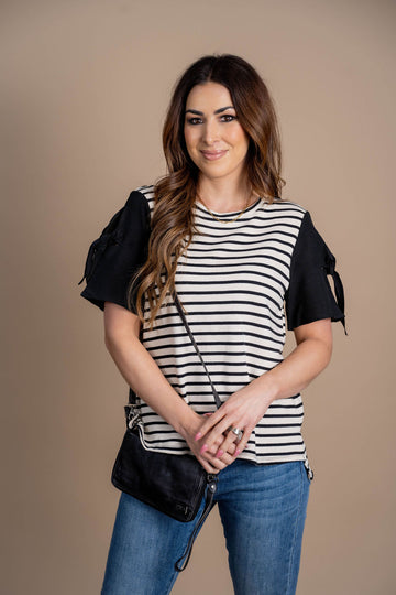 Striped Body Solid Tie Sleeve Tee