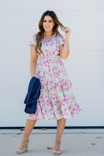 Aster Cap Sleeve Tiered Midi Dress