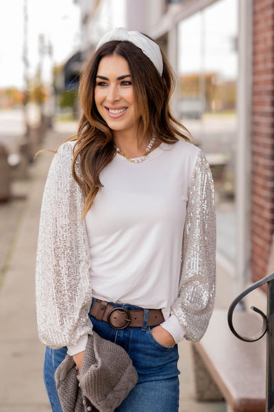 Sequin Sleeve Solid Body Blouse