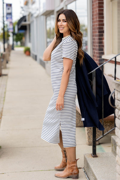 Striped Side Slit Short Sleeve Midi Dress - Betsey's Boutique Shop
