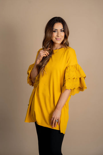 Eyelet Double Flutter Sleeve Tunic Tee