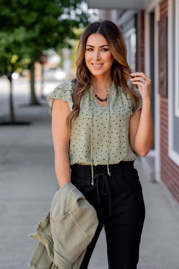 Polka Dottie Dual Flutter Tie Blouse