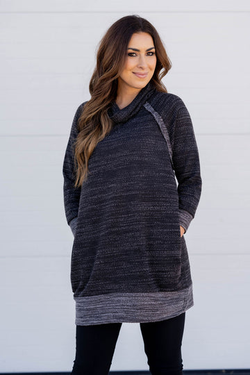 Contrasting Heathered Tunic Cowl Neck