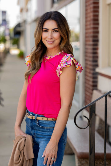 Vibrant Floral Flutter Trim Tee