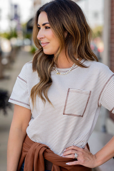 Bold Stitched Striped Pocket Tee