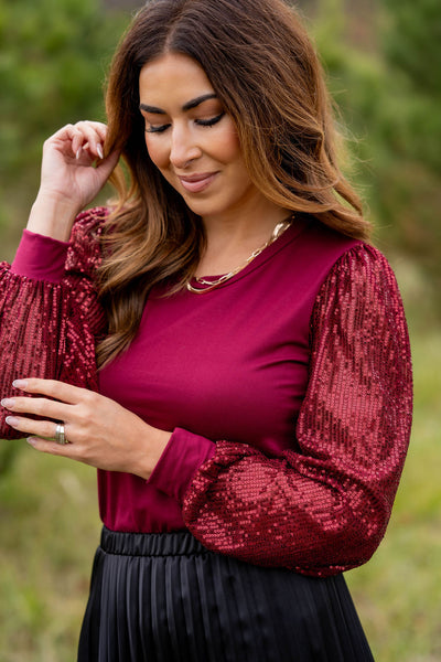 Sequin Sleeve Solid Body Blouse