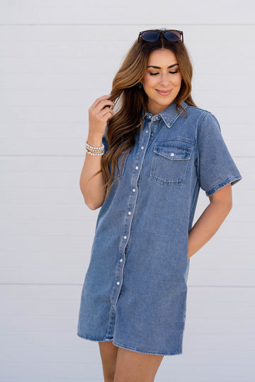 Denim Short Sleeve Button Up Dress