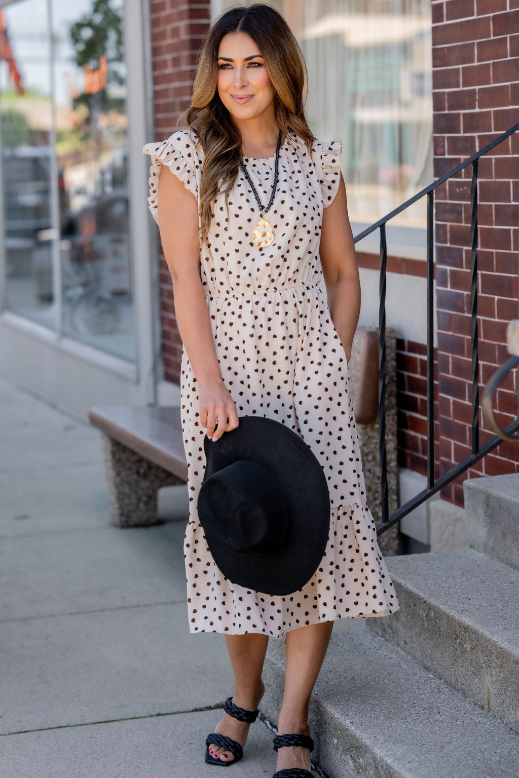 Splotched Cinched Neck Midi Dress Cream / XL Splotched Cinched Neck Midi Dress Cream / XL