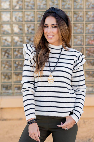 Striped Flutter Shoulder Sweater