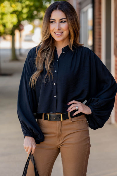 Relaxed Cinched Sleeve Button Up Blouse