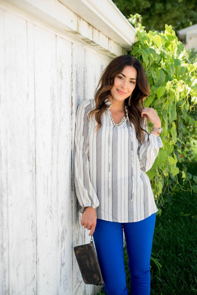 Mixed Stripes Cinched Blouse - Betsey's Boutique Shop -