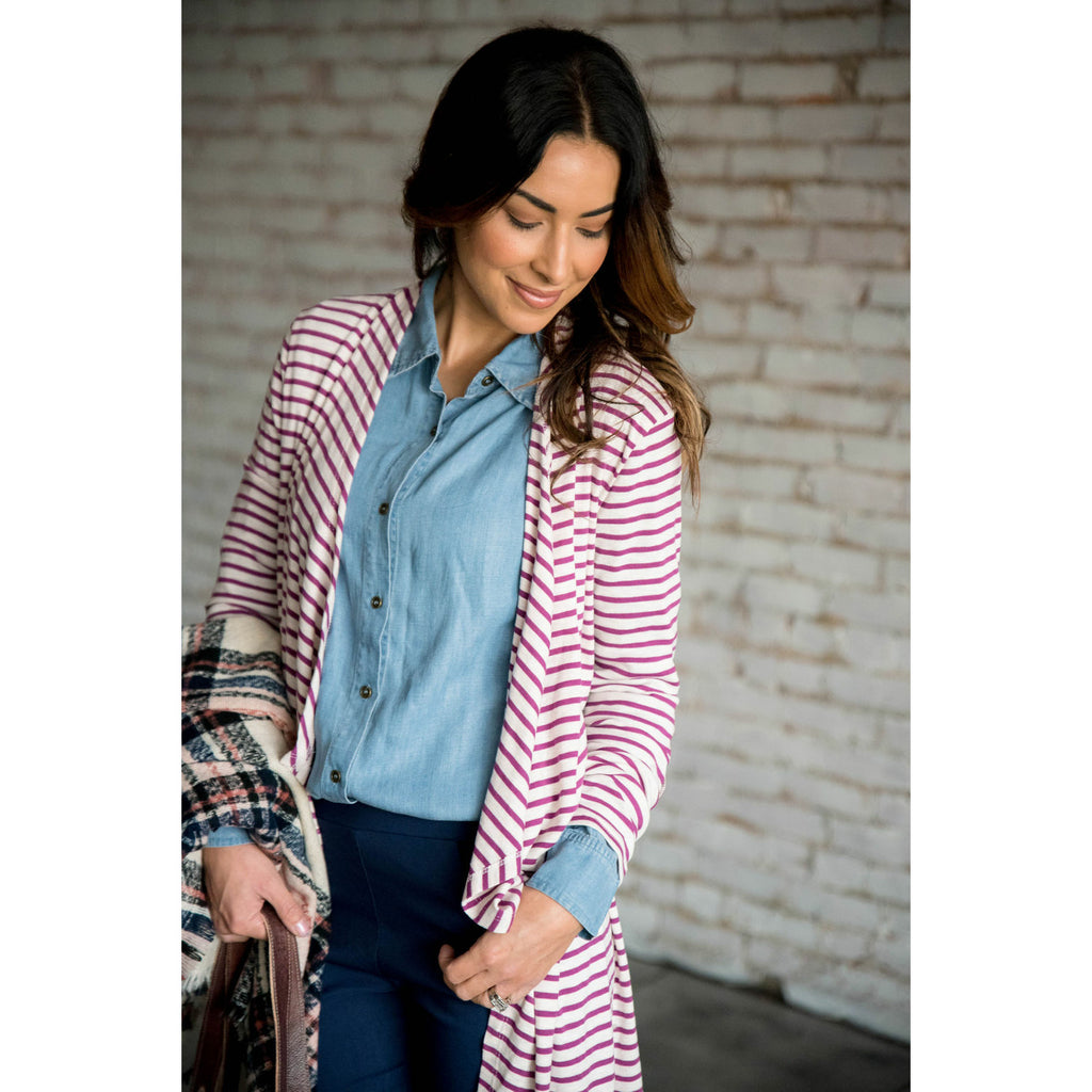 Striped Waterfall Elbow Patch Cardigan - Betsey's Boutique Shop