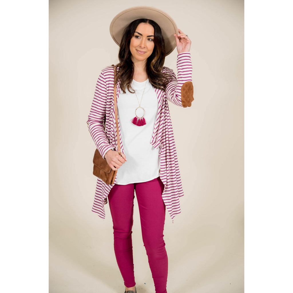 Striped Waterfall Elbow Patch Cardigan - Betsey's Boutique Shop