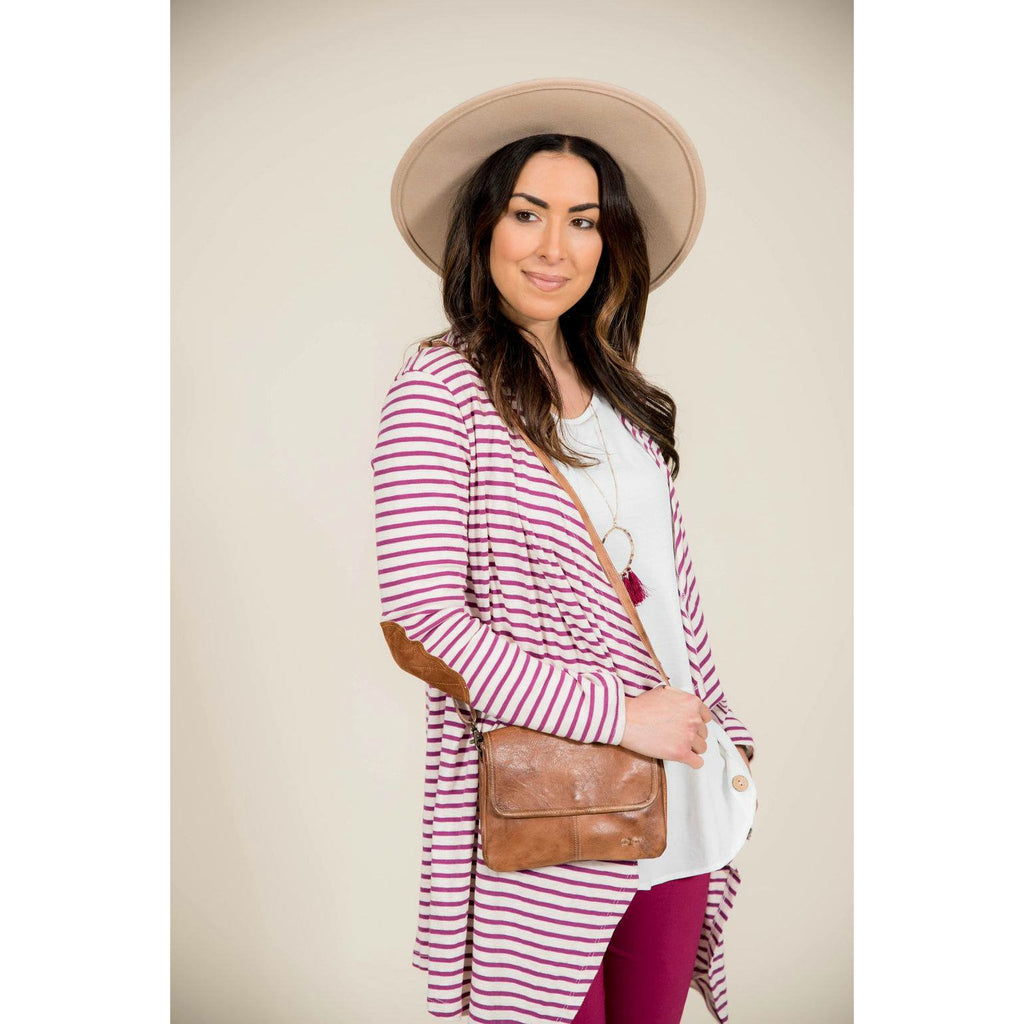 Striped Waterfall Elbow Patch Cardigan - Betsey's Boutique Shop