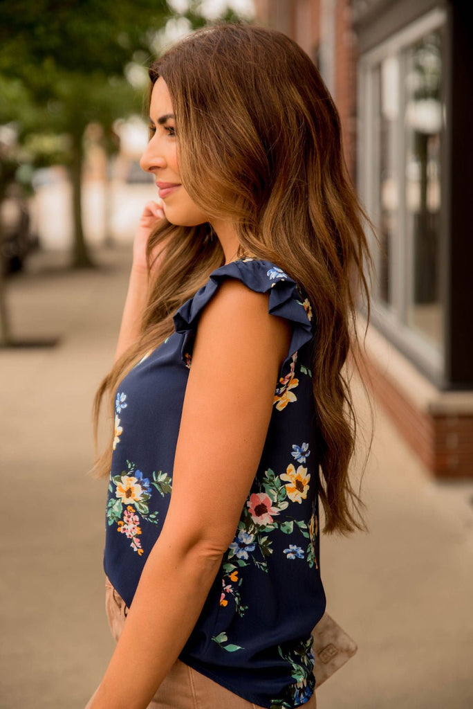 Elegant Floral Flutter Trim Tank - Betsey's Boutique Shop -